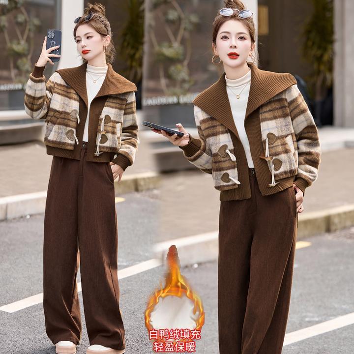 复古针织大翻领羽绒服套装女2025年冬季新款格子毛呢阔腿裤两件套