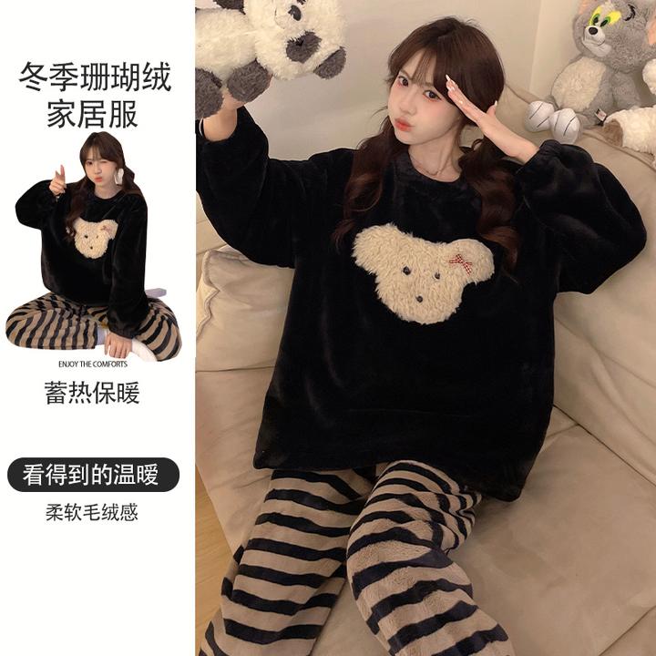 秋冬睡衣女家居服2024年新款珊瑚绒法兰绒加绒加厚可外穿保暖套装