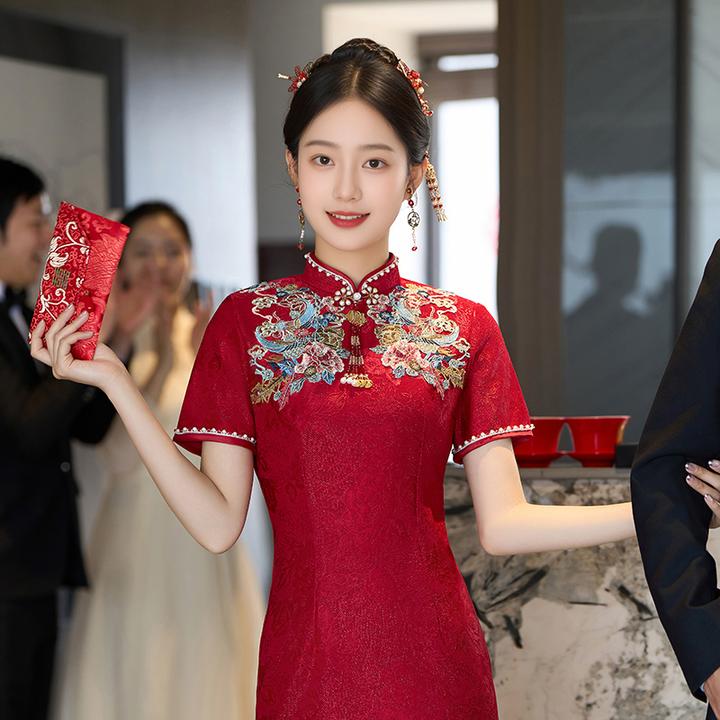 YS034新中式旗袍夏季新款女新娘敬酒服订婚中式改良红色大气出阁