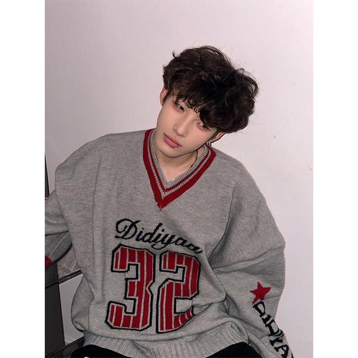 美式高街慵懒风v领毛衣男款冬季学院风字母针织衫上衣内搭打底衫