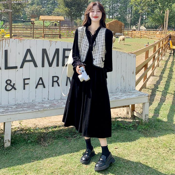 法式复古马甲连衣裙两件套装秋季新款气质温柔风木耳边V领仙女裙