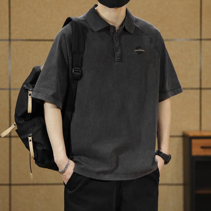 美式短袖Polo衫男夏季云染复古水洗纯棉半袖男士宽松潮流刺绣体恤