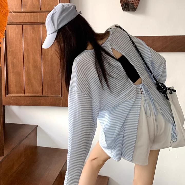 休闲慵懒风条纹露背薄款防晒罩衫长袖T恤女夏季新款百搭宽松上衣