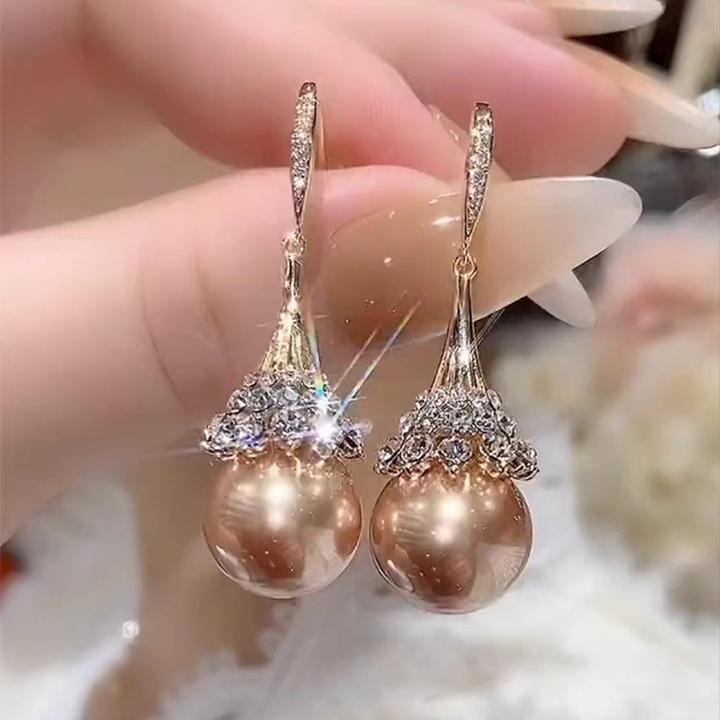 铜合金仿珍珠耳饰 耳钉时尚百搭高级轻奢香槟色珠珠耳钉耳环E007