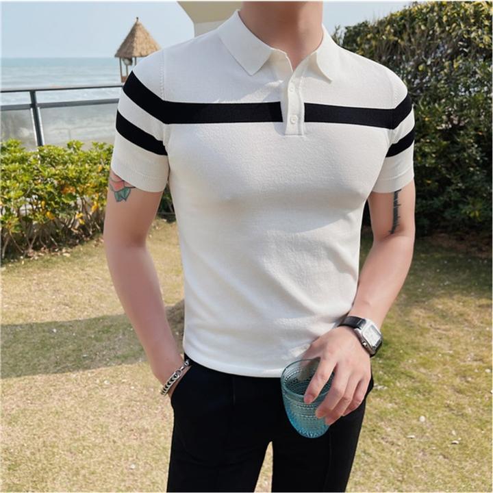 撞色冰丝polo衫男短袖夏季薄款时尚修身帅气翻领针织凉感痞帅t恤