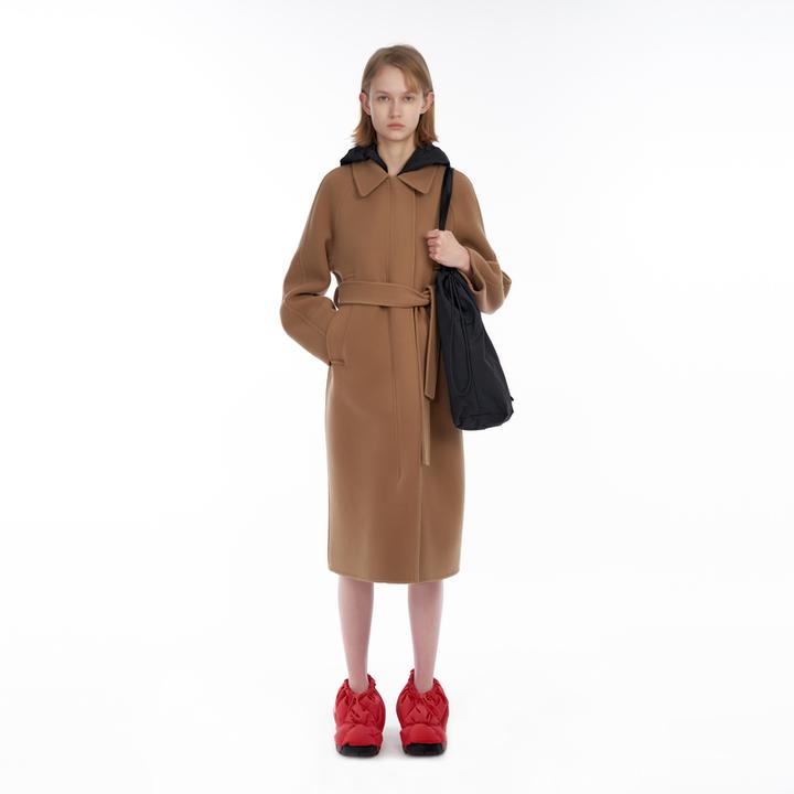 IIIVIVINIKO"100支绵羊毛条"粗斜纹双面呢小翻领大衣M349011053D