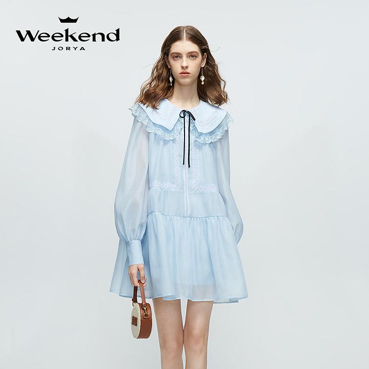 卓雅周末春季新款蕾丝娃娃领蝴蝶结洋气休闲连衣裙欧若风EJWEAN39