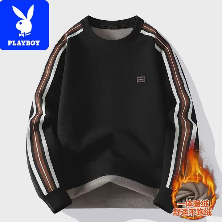 花花公子无帽卫衣男秋冬季加厚一体绒保暖打底衫休闲帅气日系圆领