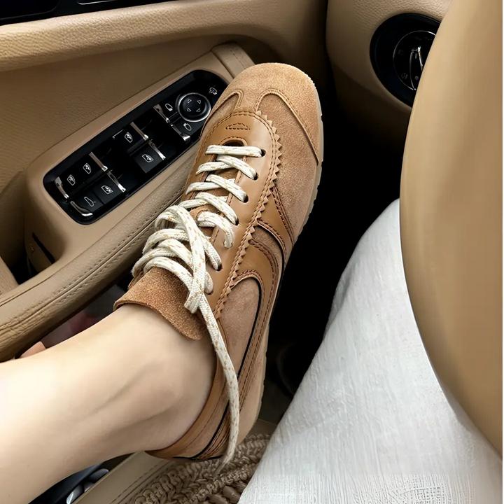 真皮棕色德训鞋女款2024夏季爆款系带休闲运动版鞋平底圆头阿甘鞋