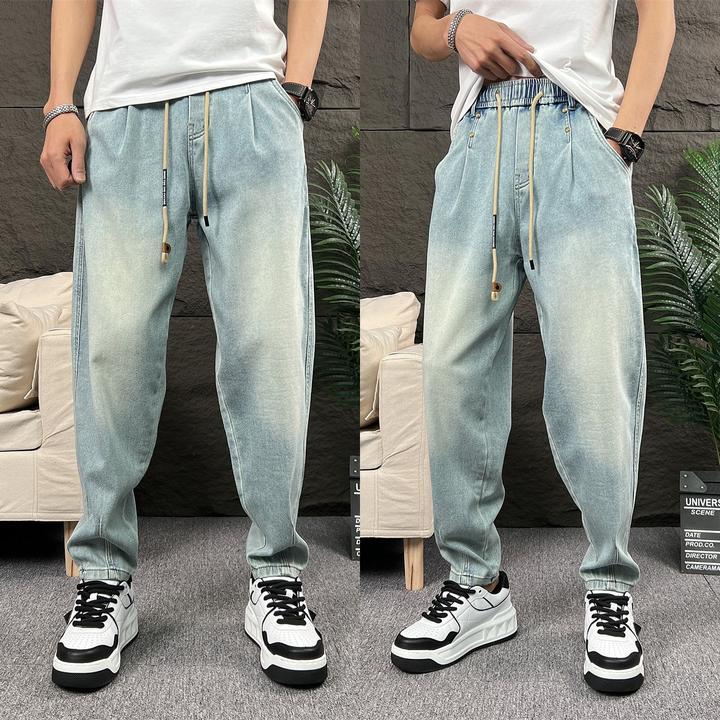 美式宽松小直角牛仔裤男士秋冬加绒韩版宽松哈伦裤百搭休闲裤男款