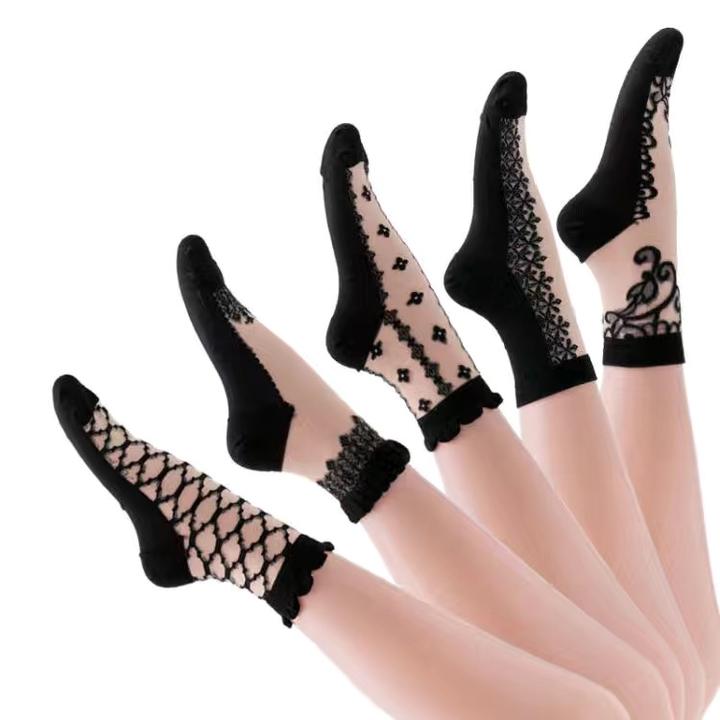 2-5双夏季袜子女薄款高腰黑白混搭女袜吸汗透气水晶丝棉底玻璃丝