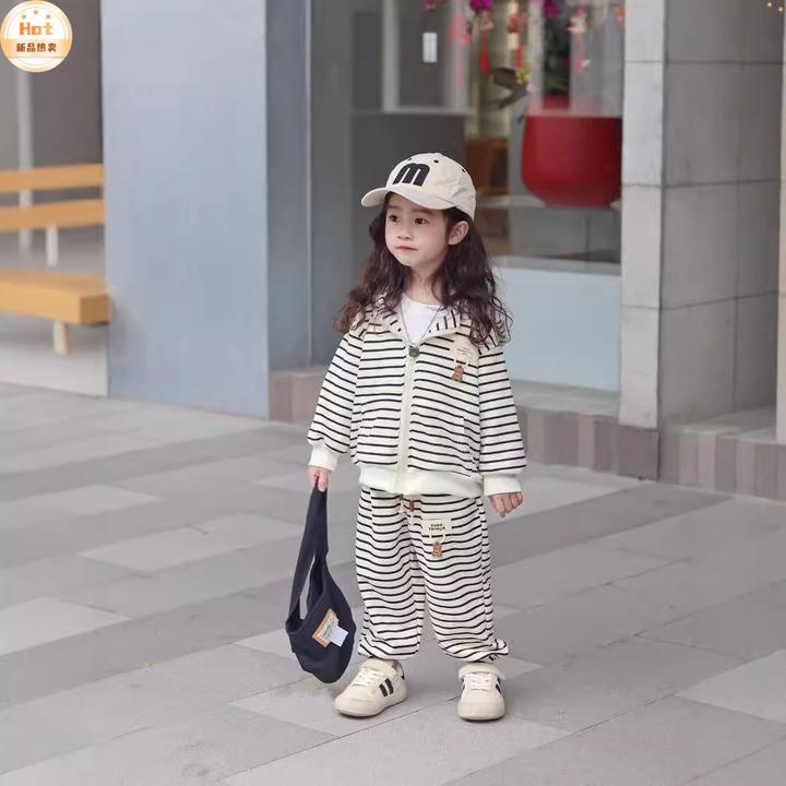 男女童条纹连帽时尚上衣下裤套装儿童休闲连帽时尚小童春秋韩版款