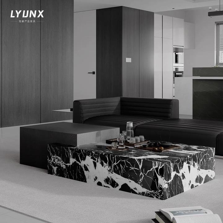 拿破仑黑天然大理石茶几简约高级长方形组合客厅意式轻奢组合茶几