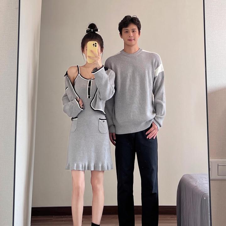 情侣装秋冬季小众设计感高弹收腰女连衣裙小外套简约一裙一衣