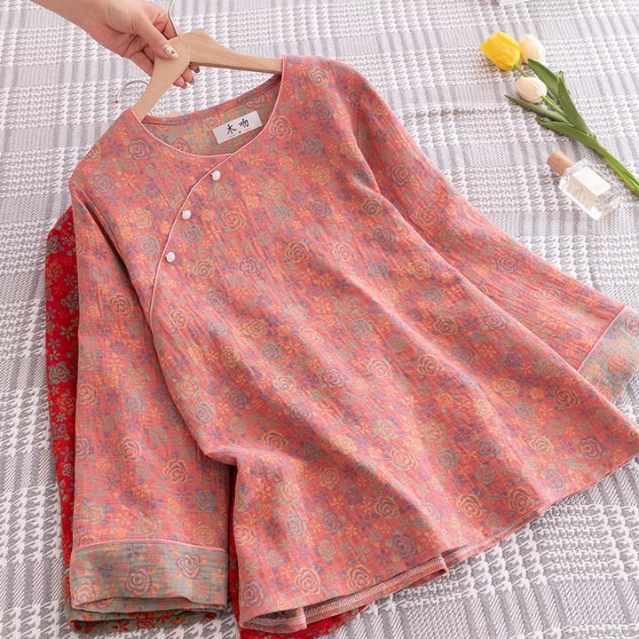 新中式国风盘扣纯棉双层棉纱女 春夏四季睡衣上装宽松薄款家居服