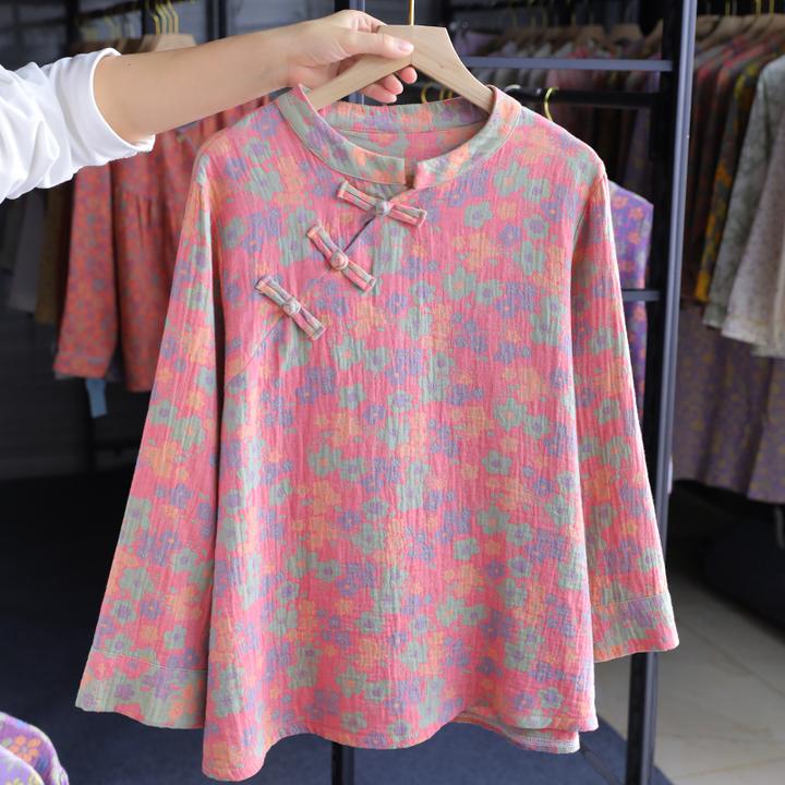 新中式国风盘扣女睡衣 纯棉色织双层棉纱 春秋四季家居服宽松上装