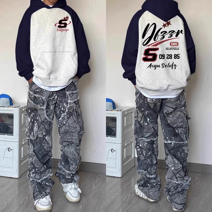 美式撞色插肩套头卫衣男款春秋季宽松慵懒风长袖上衣连帽潮牌外套