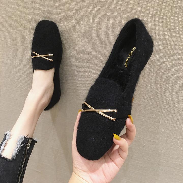 2025年秋冬新款韩版毛毛鞋女外穿加绒豆豆鞋浅口百搭平底保暖棉鞋