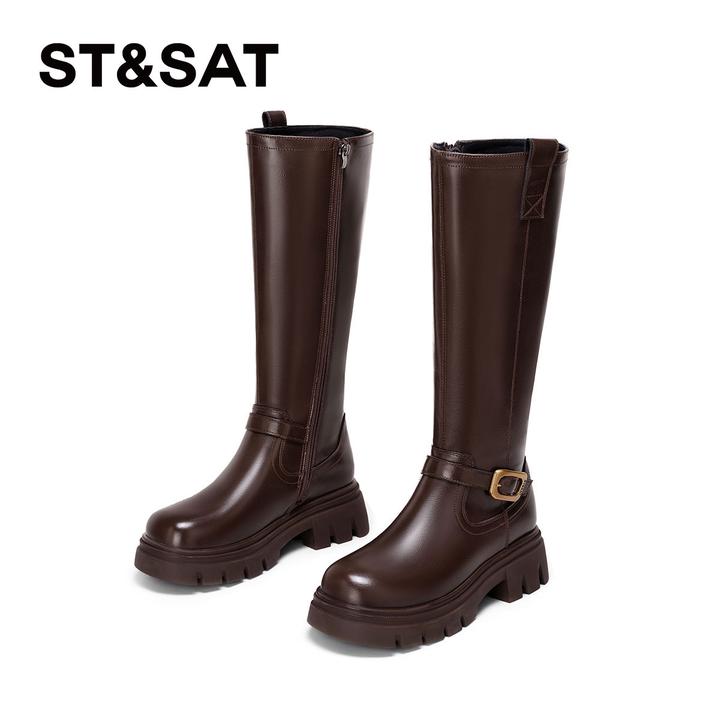 星期六英伦风西部靴女2025年秋秋新款皮带扣长筒骑士靴厚底高筒靴