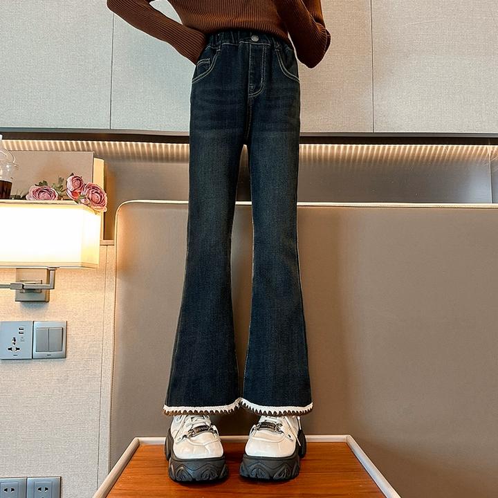 女童加绒牛仔裤冬秋季2024新款女孩喇叭裤中大儿童冬一体绒长裤子