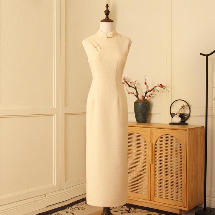 尘记[绮窗秋]秋冬新款无袖毛呢旗袍新中式优雅修身连衣裙日常套装