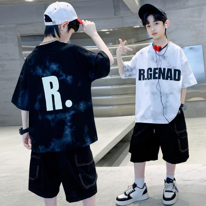 夏款男童中大童夏季新款韩版扎染帅气字母儿童夏洋气时尚短袖套装