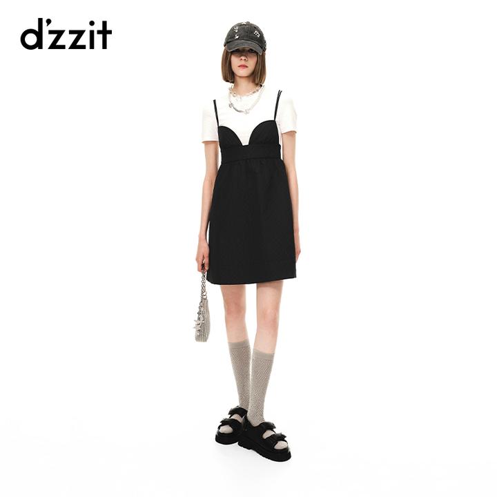 dzzit地素吊带连衣裙夏秋甜酷少女菱格小黑裙短裙外搭女3H2O2171A