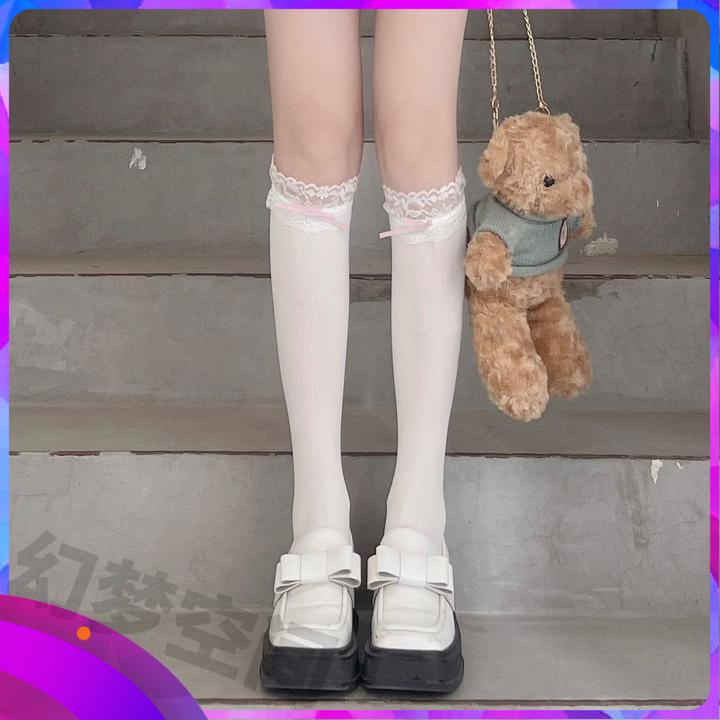 少女风蝴蝶结白粉小腿袜中筒夏季拼接花边袜蕾丝jk天鹅绒微透丝袜