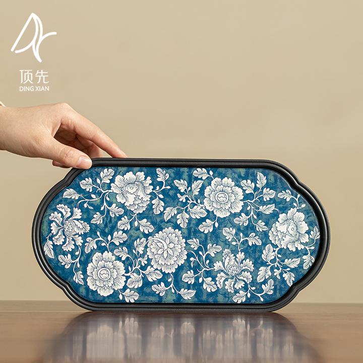 顶先 椭圆形干泡台茶盘复古国风蓝色碎花家用茶盘27*13 A9879
