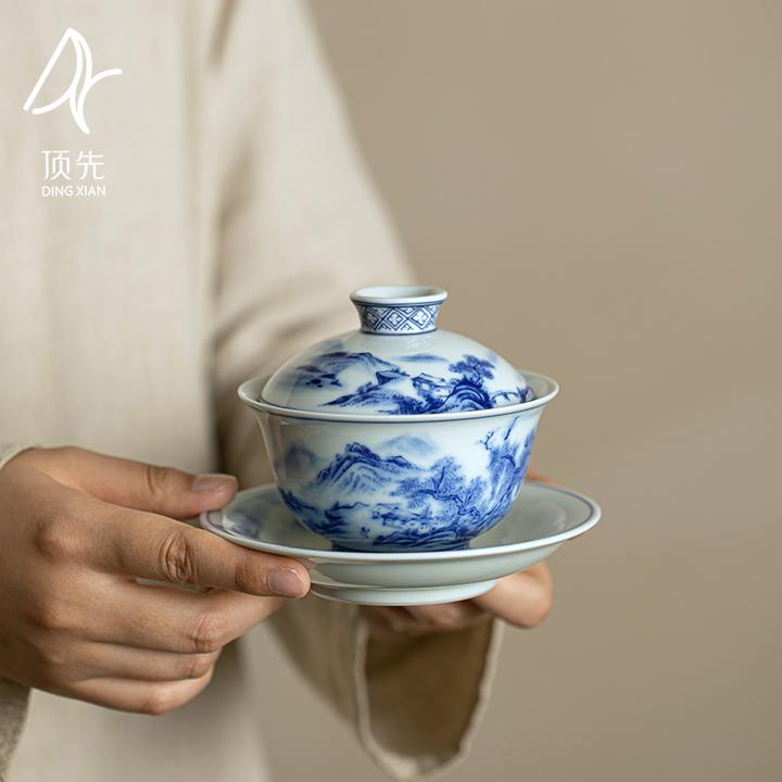 顶先 老陶泥仿古青花山水三才盖碗家用功夫茶具陶瓷泡茶碗 A8512