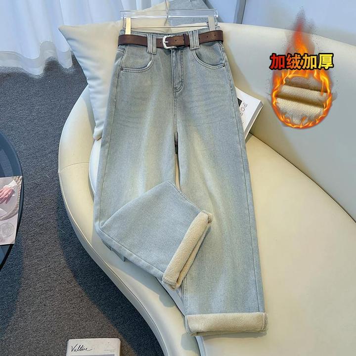 浅蓝色加绒加厚阔腿牛仔裤女秋冬2024新款宽松小个子九分直筒裤子