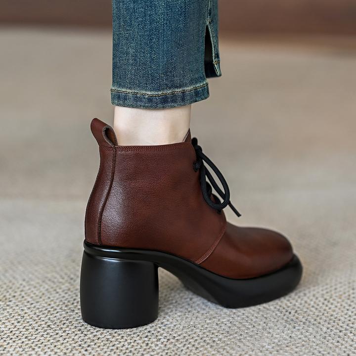 厚底马丁靴女2025年新款牛皮圆头松糕高跟粗跟复古前系带及踝靴