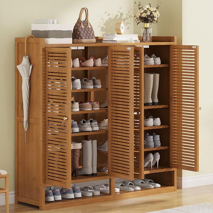家用门口楠竹新款鞋柜防尘百叶门入户玄关落地鞋架多层收纳大容量