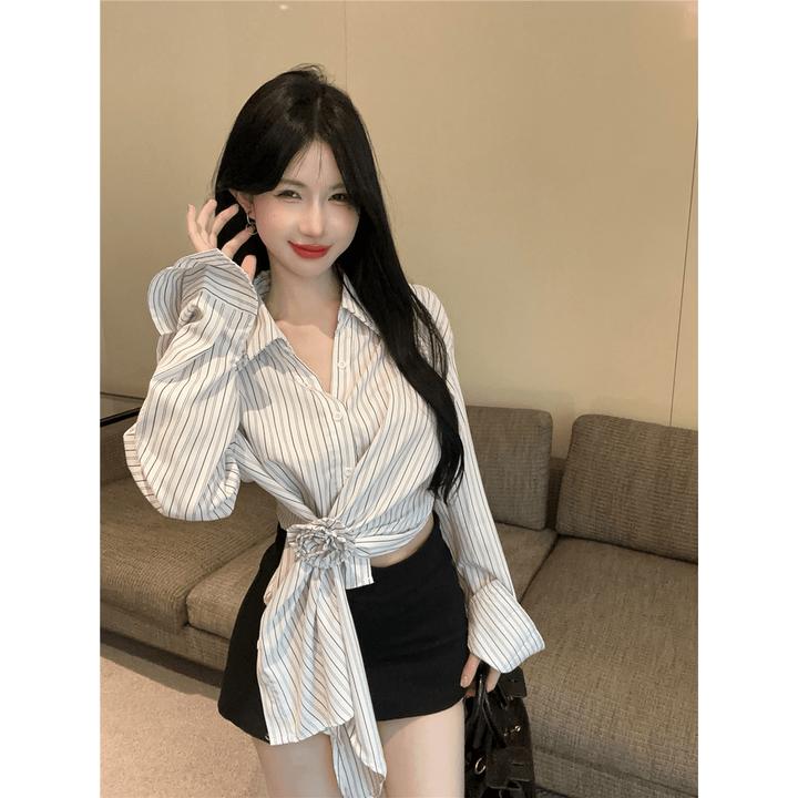 气质不规则收腰条纹长袖衬衫女早秋纯欲辣妹短款上衣法式独特衬衣