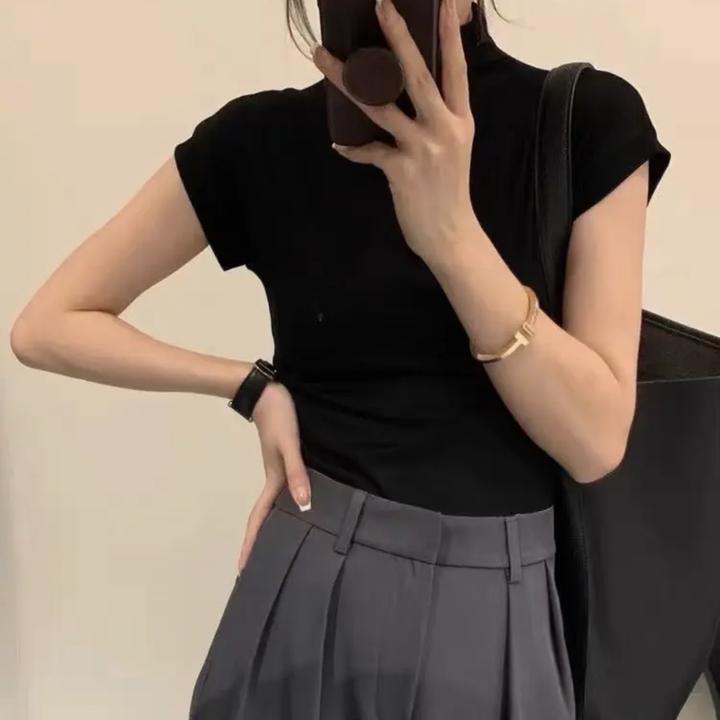 自留款）好穿软糯显瘦纯色气质小立领短袖打底上衣