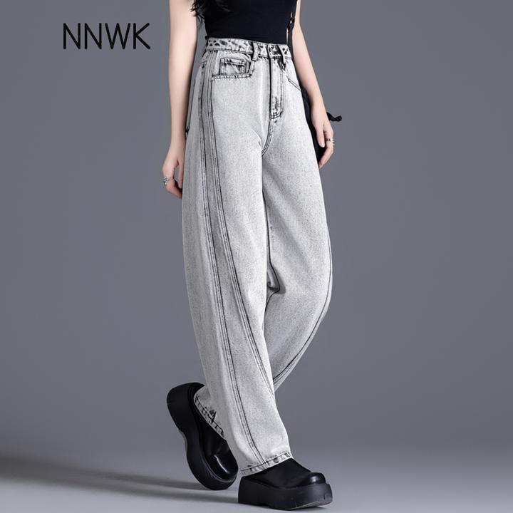 雪花烟灰色牛仔裤女春秋季镰刀裤2025新款设计感显瘦拼接弯刀裤子