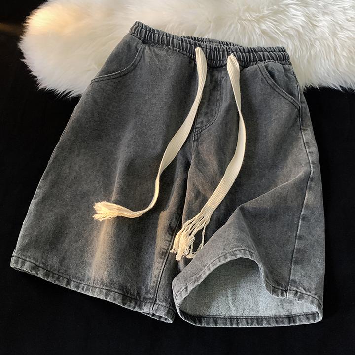 抽绳牛仔短裤男夏季薄款潮牌休闲中裤美式复古直筒宽松大码五分裤