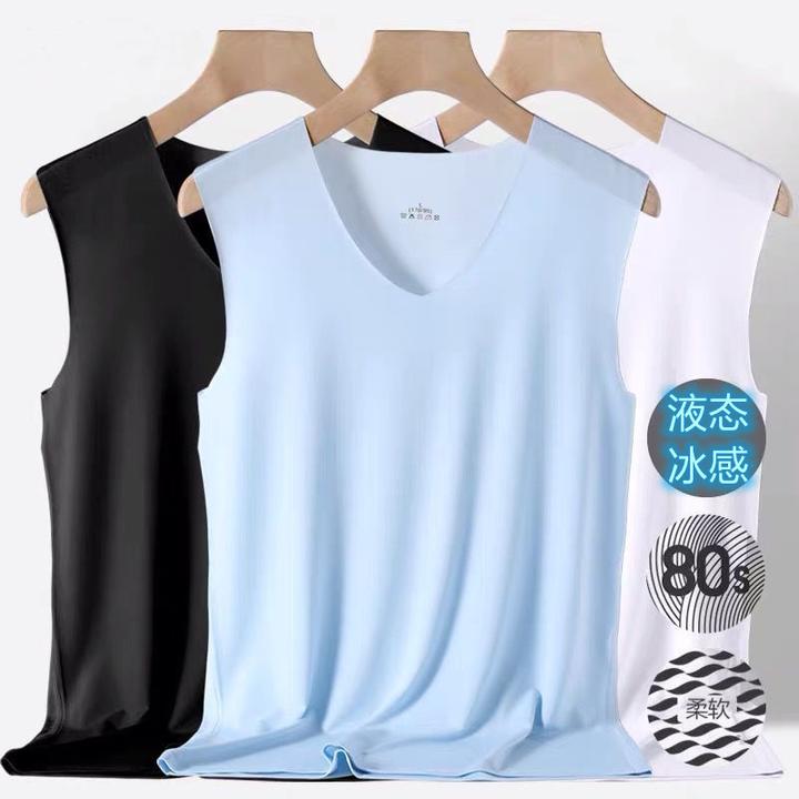 男士冰丝背心内穿V领无痕打底男生运动居家冰感纯色跨栏汗衫夏季