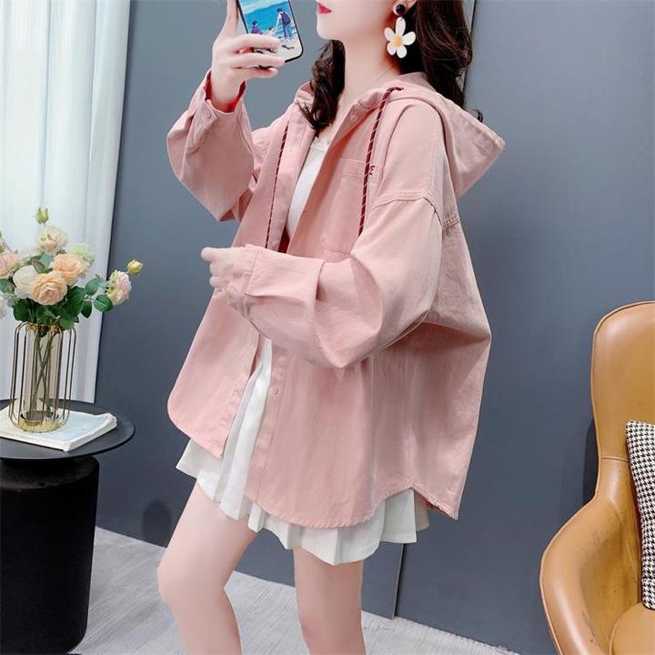 设计感连帽纯色长袖衬衫女秋季2024新款宽松复古洋气百搭外套上衣