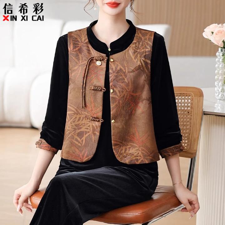 中老年女装妈妈秋装新中式国风金丝绒三件套洋气马甲春秋休闲套装
