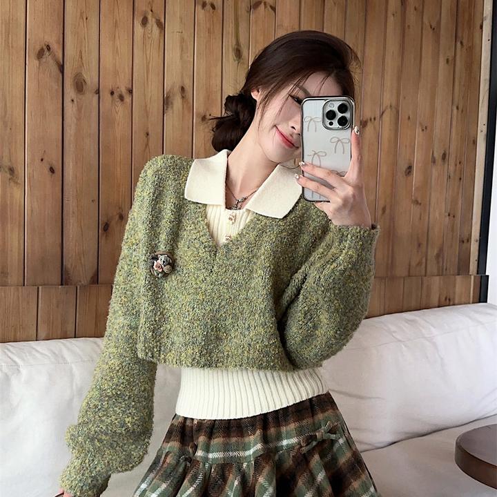 温柔时尚毛衣叠穿套装女秋冬韩系小个子甜美穿搭格纹花苞短裙套装