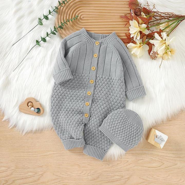 新款无骨女婴儿连体衣服针织开衫爬爬服带帽男宝宝长袖外出服毛衣