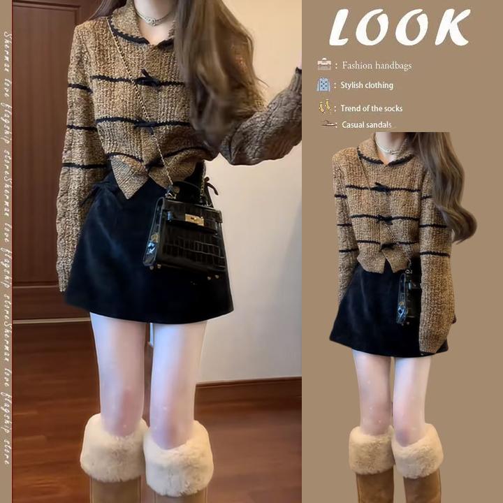 2024秋季新款蓬松肌理感娃娃领针织衫高级感蝴蝶结高腰短裙两件套