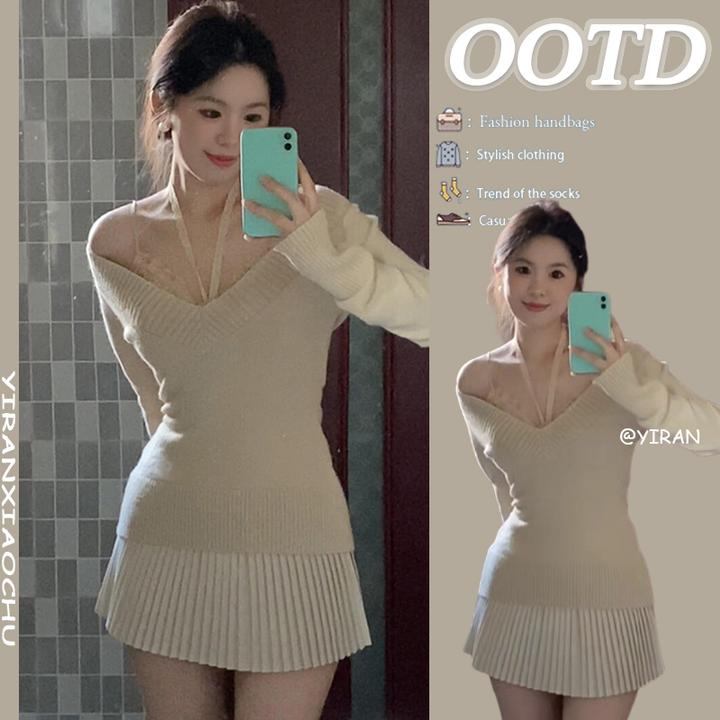 入秋韩系穿搭一整套秋冬季女装纯欲风v领针织衫百褶短裙两件套装