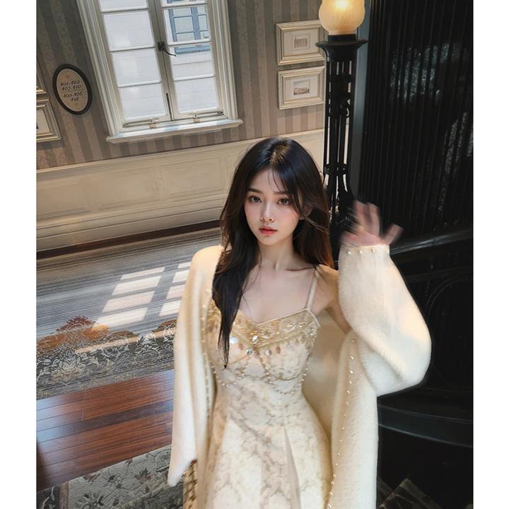 【流光香槟】糯叽叽仙女温柔系高级开衫毛衣宫廷风吊带连衣裙套装