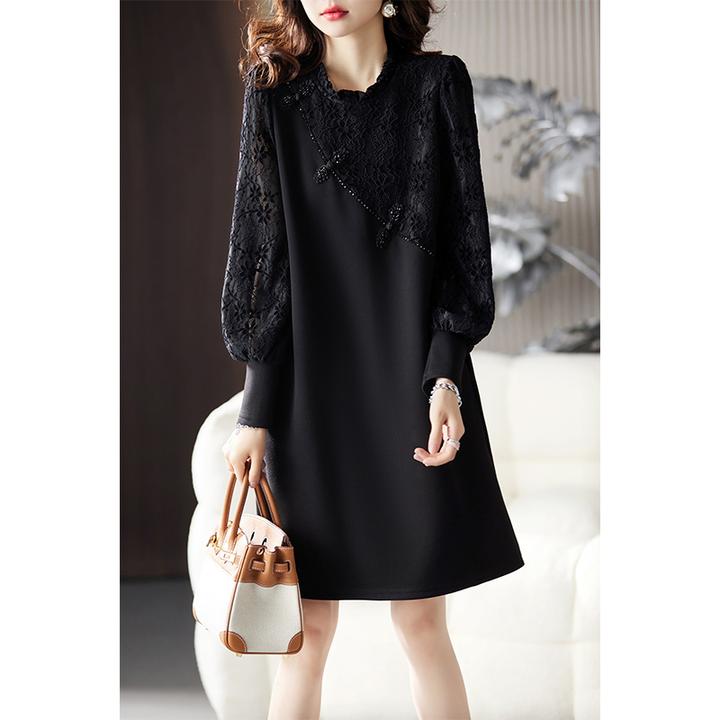 大码女装2024春秋新款圆领中裙气质减龄黑色拼接蕾丝时尚连衣裙