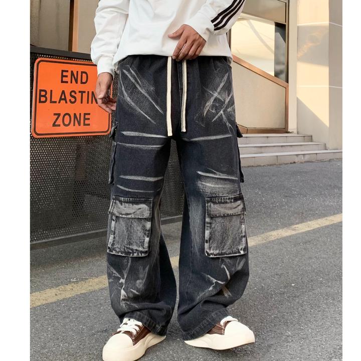 双双潮牌工装宽松阔腿扎染休闲百搭牛仔裤潮流中性ins风秋冬