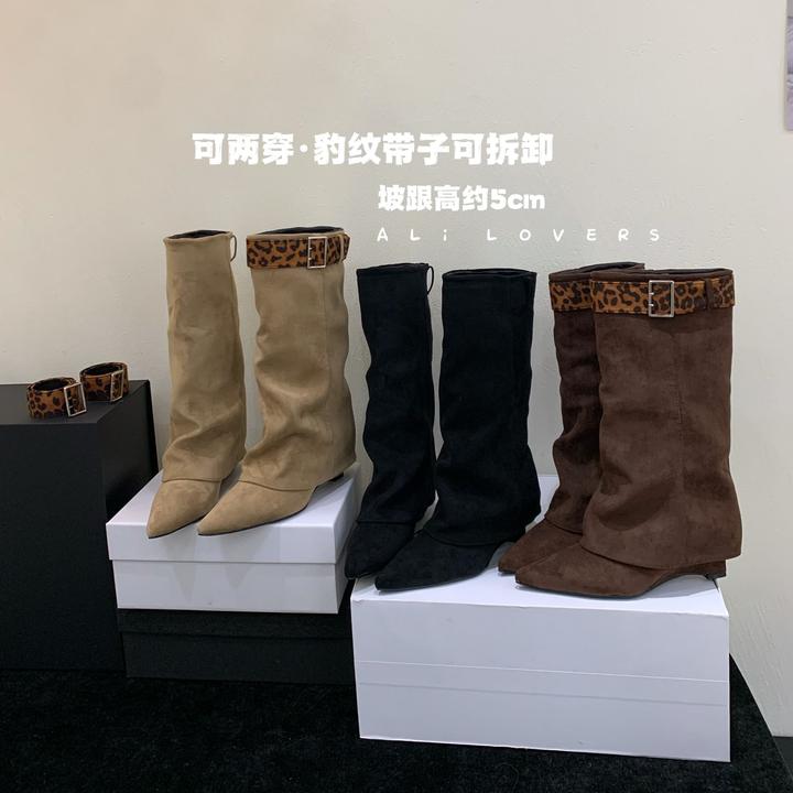 法式两穿长靴女尖头靴子2024秋冬新款坡跟长筒靴不过膝中筒裤管靴