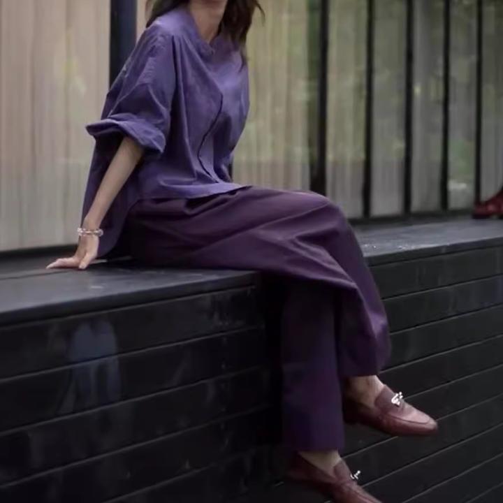 秋装女2024年新款时尚套装高级感穿搭小个子紫色上衣阔腿裤两件套