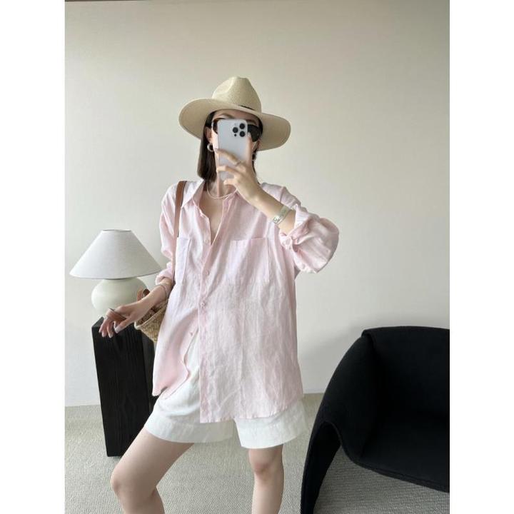 高级感淡粉色亚麻防晒衬衫女夏季极简风棉麻轻盈透气衬衣